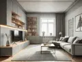 Nowoczesny salon z szarymi i drewnianymi meblami. Subtelne kolory ścian tworzą spokojną atmosferę.