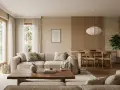 Salon w stylu japandi: jasna sofa, drewniany stolik kawowy, okrągły stół z krzesłami i panel ścienny z drewna.