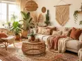 Przytulny salon w stylu boho: rattanowy fotel, sofa pełna poduszek, makrama na ścianie i mnóstwo roślin.