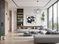 Nowoczesny projekt wnętrza domu: szara sofa, czarny stolik, regał z roślinami i abstrakcyjny obraz.