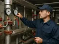 Technik sprawdza ciśnienie na manometrach, przygotowując instalację, kiedy zaczyna się sezon grzewczy.