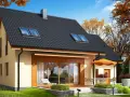 Nowoczesne projekty domów prostych i tanich w budowie. Jasny, dwukondygnacyjny dom z drewnianymi elementami i dużymi oknami, otoczony jesienną zielenią.