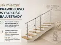 Schody z balustradą, na których zaznaczono wysokość (h) i przepisy prawa budowlanego.