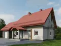 Wizualizacja domu z czerwonym dachem i jasną elewacją. Widać garaż, wejście zadaszone i balkon.