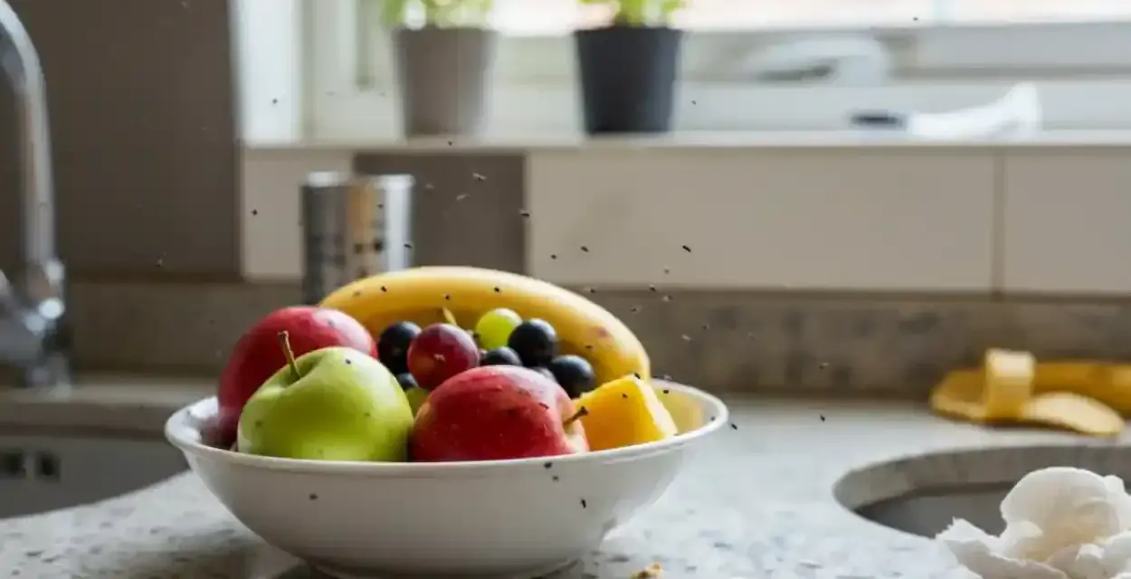 Meszki w domu krążą nad misą z owocami: jabłkami, bananem i winogronami.
