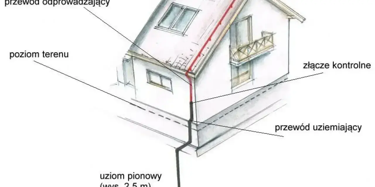 Schemat instalacji odgromowej z uziomem fundamentowym. Pokazuje przewód odprowadzający, złącze kontrolne i przewód uziemiający połączone z uziomem pionowym.