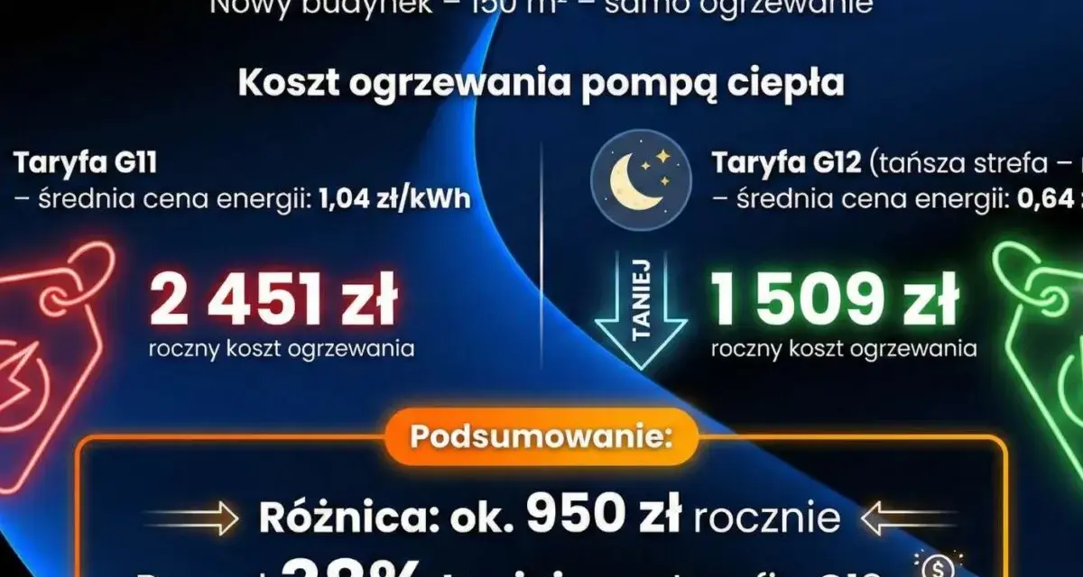 Porównanie kosztów ogrzewania pompą ciepła: 2451 zł (taryfa G11) vs 1509 zł (taryfa G12). Taryfa G12 jest o 38% tańsza.