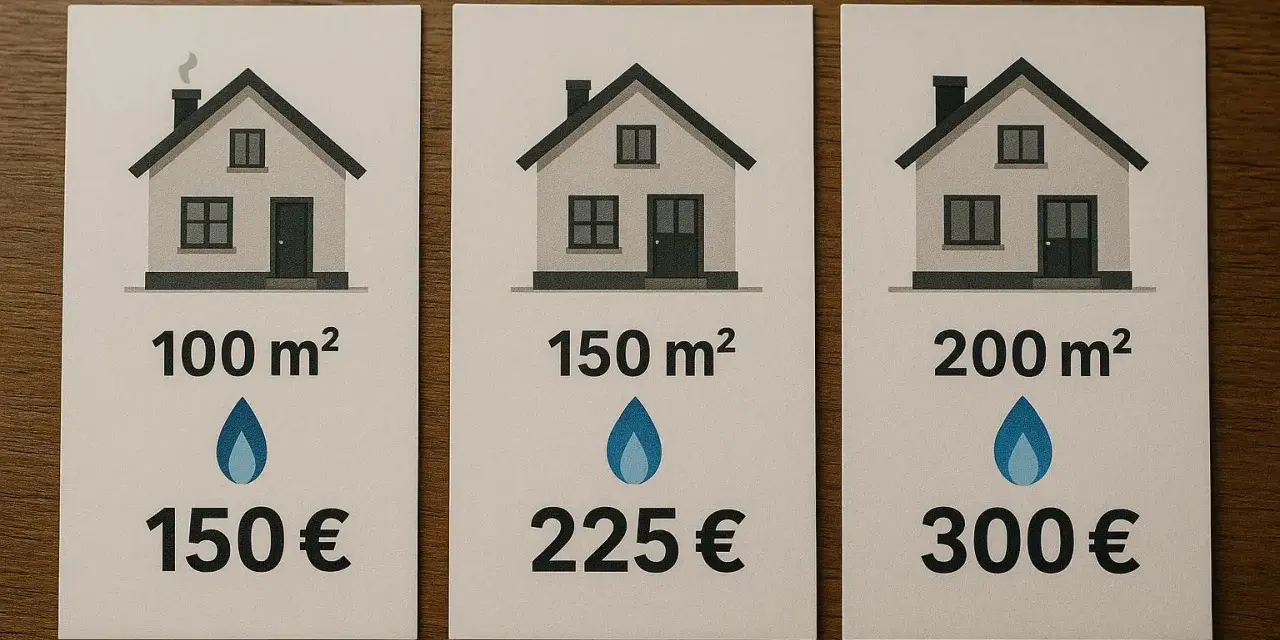 Porównanie kosztów ogrzewania gazowego dla domów o różnej powierzchni: 100 m² za 150 €, 150 m² za 225 €, 200 m² za 300 €.