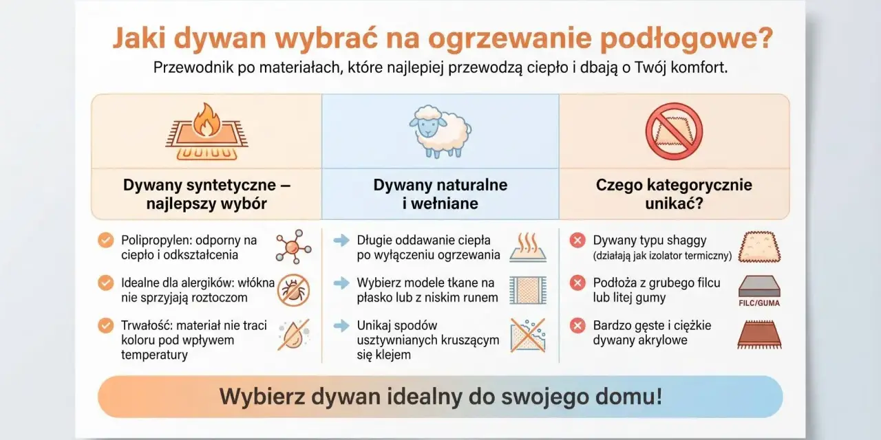 Wybierasz dywan na ogrzewanie podłogowe? Syntetyczne są najlepsze, naturalne też OK, unikaj shaggy i grubych podłoży.