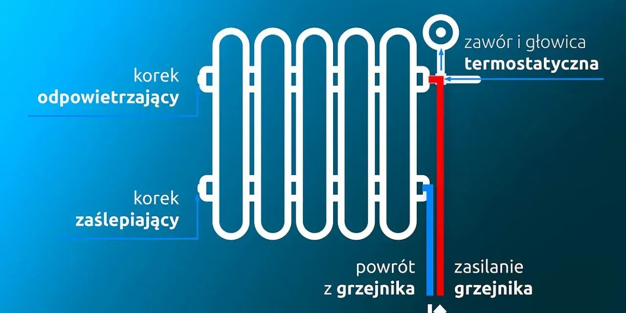 Schemat podłączenia grzejnika od dołu z prawej strony. Widać zawór termostatyczny, odpowietrznik i korek zaślepiający.