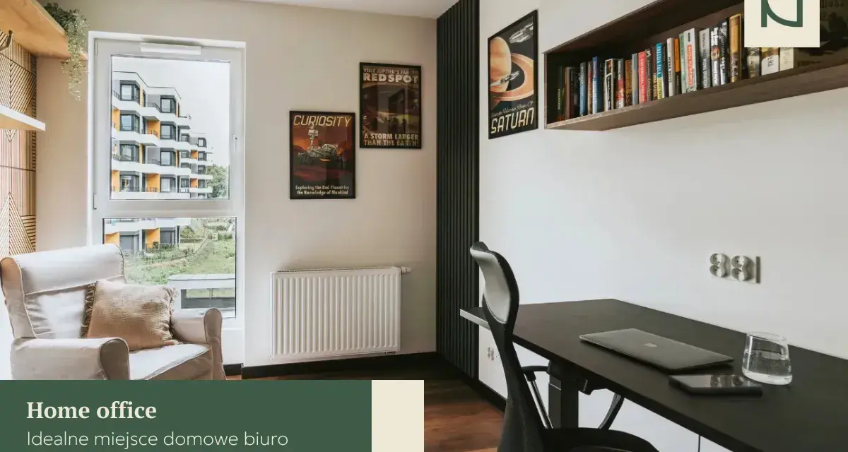 Nowoczesne domowe biuro z wygodnym fotelem, biurkiem i inspirującymi plakatami. Idealne miejsce, by efektywnie pracować.