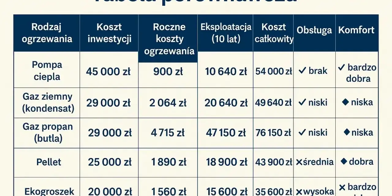 Tabela porównawcza: jakie ogrzewanie do domu? Pompa ciepła, gaz ziemny, propan, pellet, ekogroszek – koszty inwestycji, roczne, eksploatacji, całkowite, obsługa, komfort.