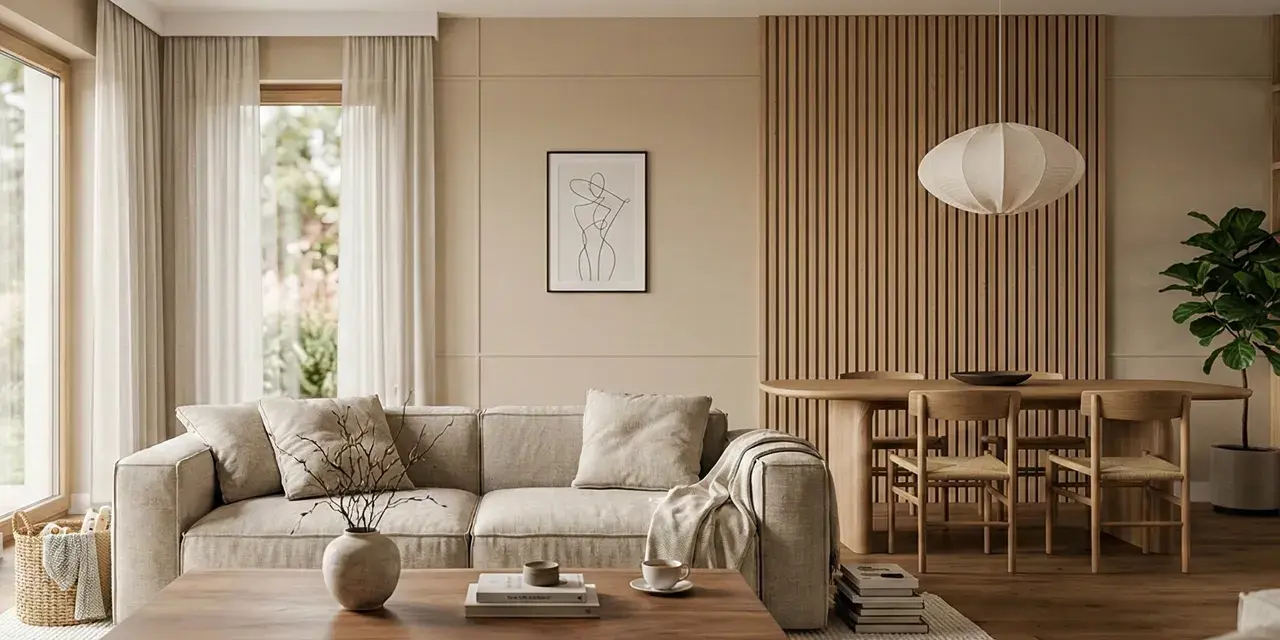 Salon w stylu japandi: jasna sofa, drewniany stolik kawowy, okrągły stół z krzesłami i panel ścienny z drewna.