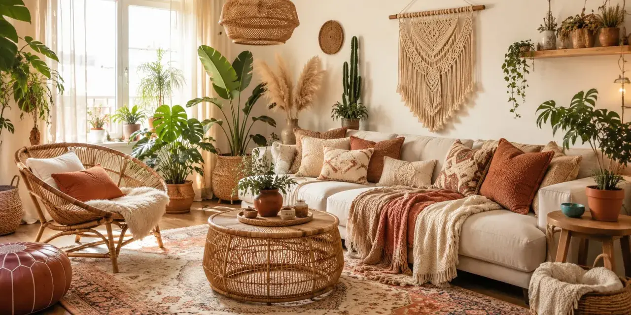 Przytulny salon w stylu boho: rattanowy fotel, sofa pełna poduszek, makrama na ścianie i mnóstwo roślin.