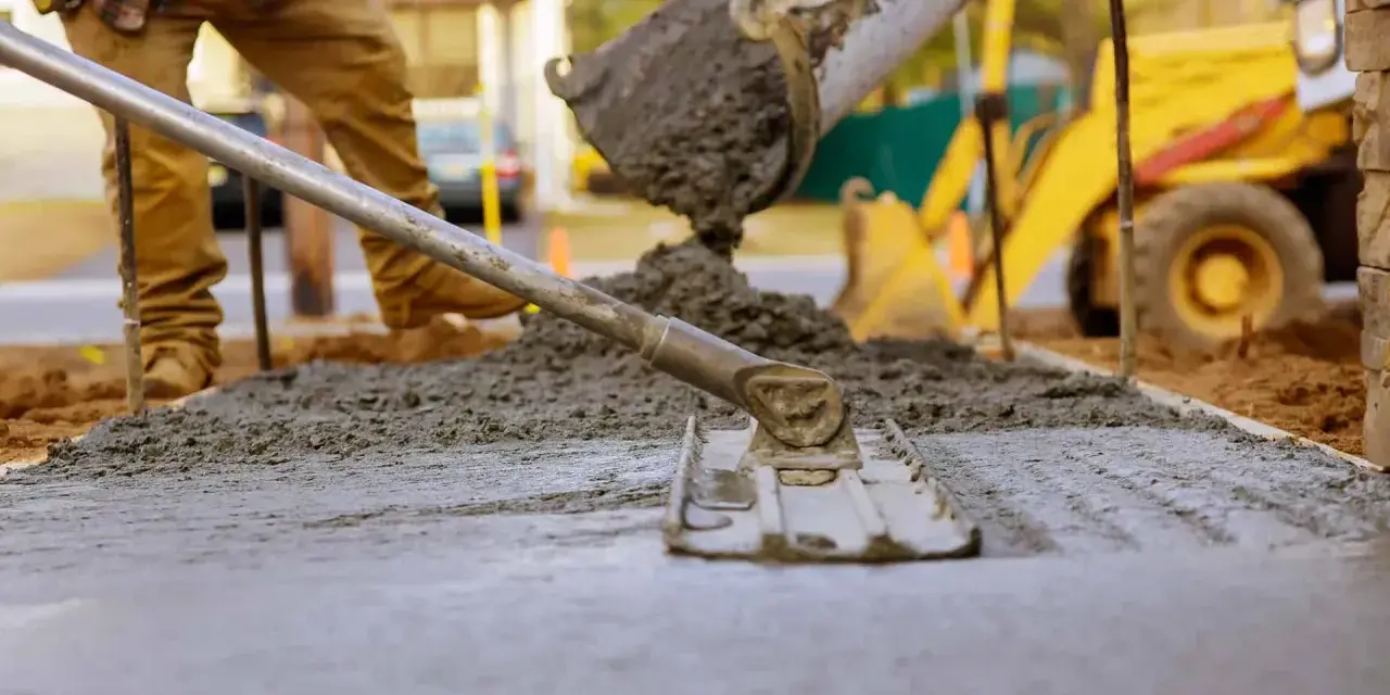 Robotnicy wylewają beton z miksokreta, wyrównując go łopatą. W tle żółta koparka.