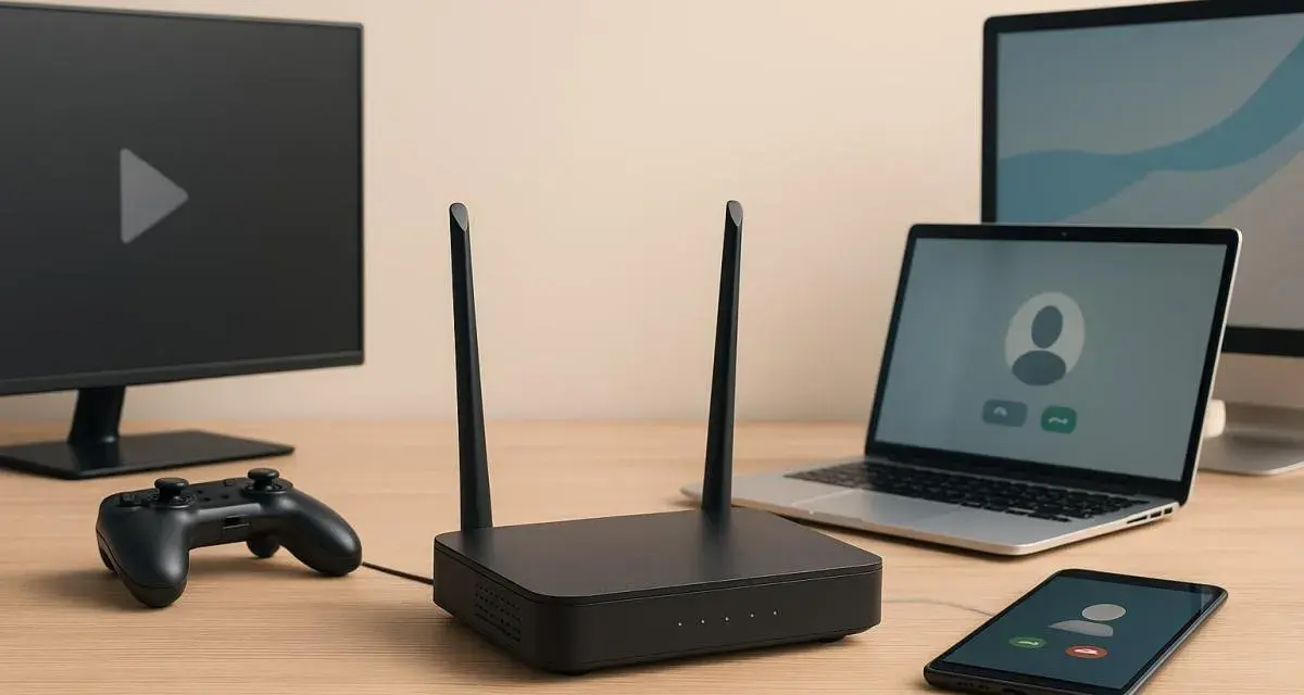 Router, laptop, telefon, monitor i pad do gier. Idealny zestaw, by wybrać, jaki internet do domu będzie najlepszy do rozrywki i pracy.