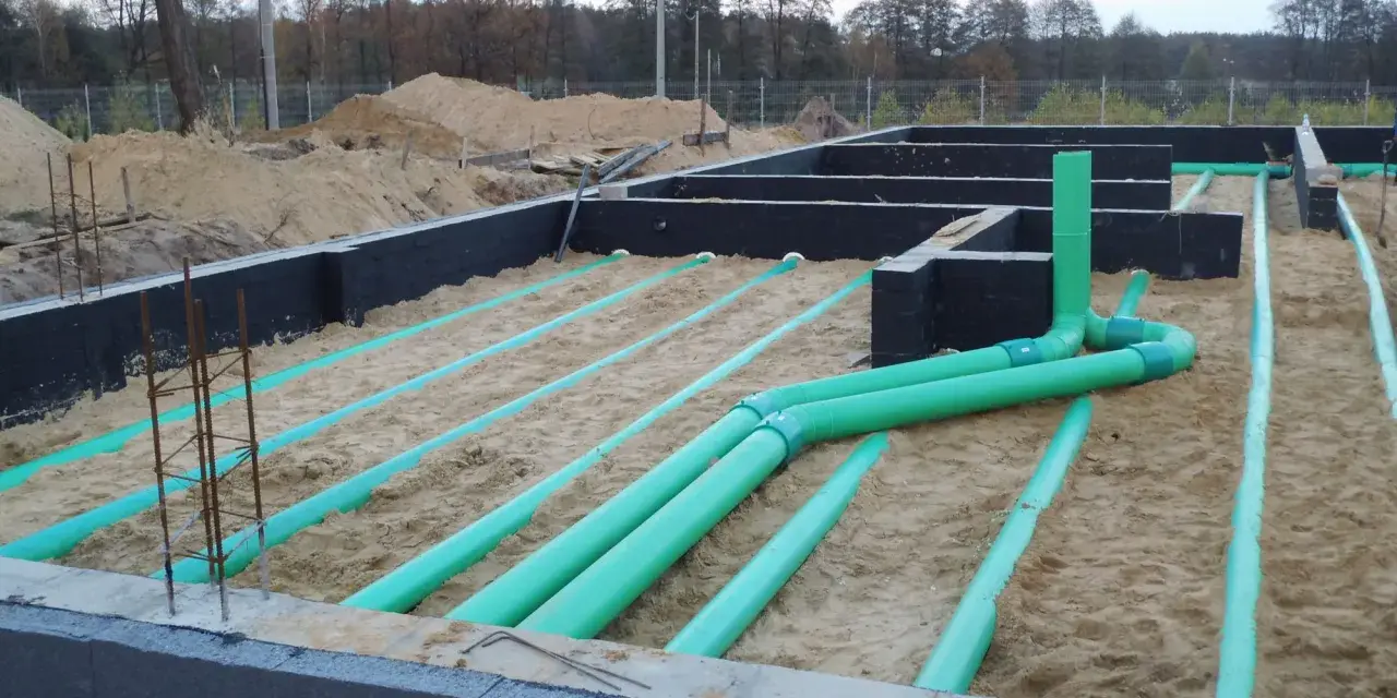 Instalacja gruntowego wymiennika ciepła na budowie. Zielone rury układane są w piasku pod fundamentami.