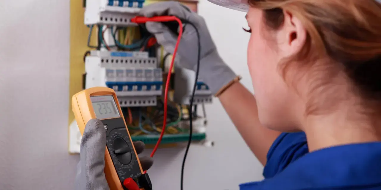 Kobieta w białym kasku i niebieskim kombinezonie wykonuje przegląd instalacji elektrycznej, używając multimetru.