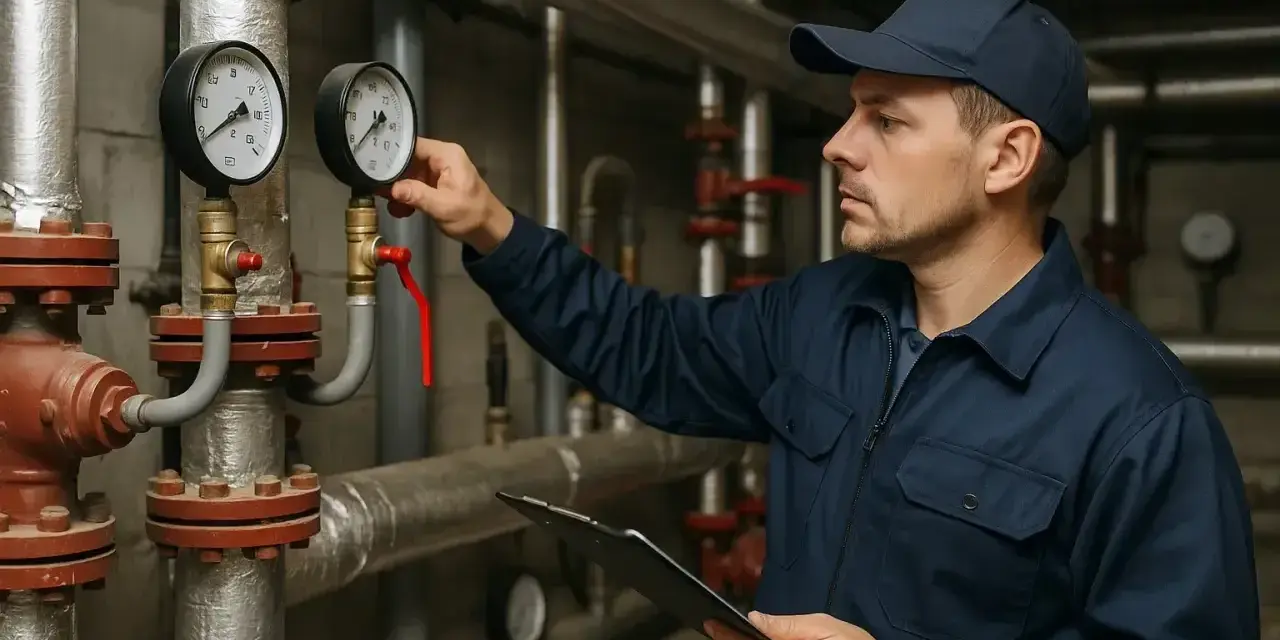 Technik sprawdza ciśnienie na manometrach, przygotowując instalację, kiedy zaczyna się sezon grzewczy.