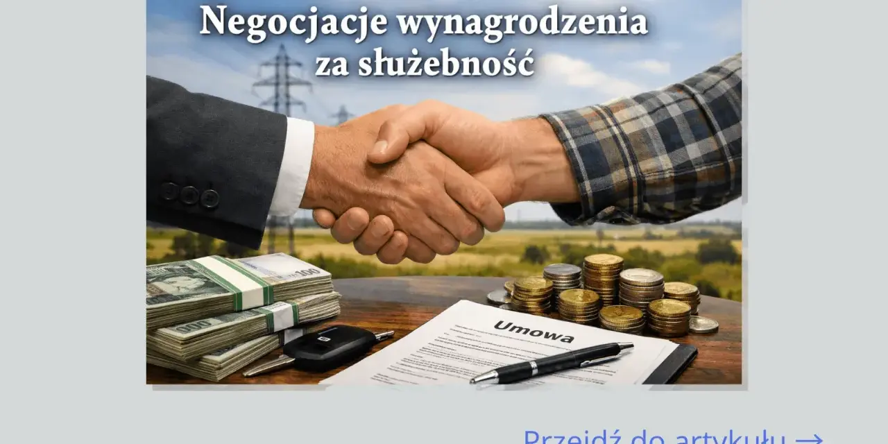 Uścisk dłoni symbolizuje negocjacje wynagrodzenia za służebność przesyłu. Na stole stosy pieniędzy, monety, umowa i kluczyki do auta.