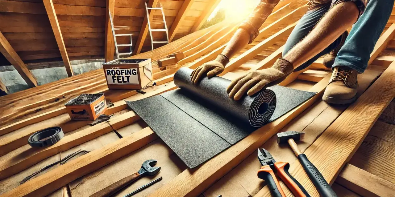 Ręce w rękawiczkach rozwijają papę na dach z desek. W tle skrzynka z napisem "ROOFING FELT".