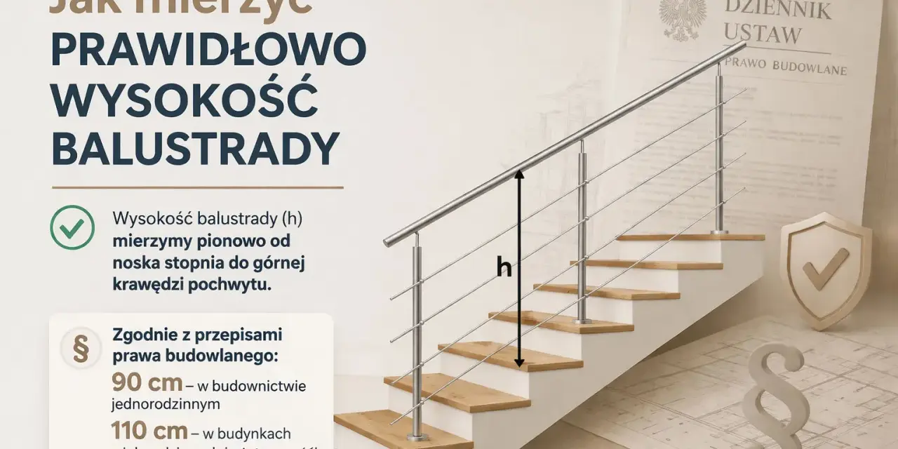Schody z balustradą, na których zaznaczono wysokość (h) i przepisy prawa budowlanego.