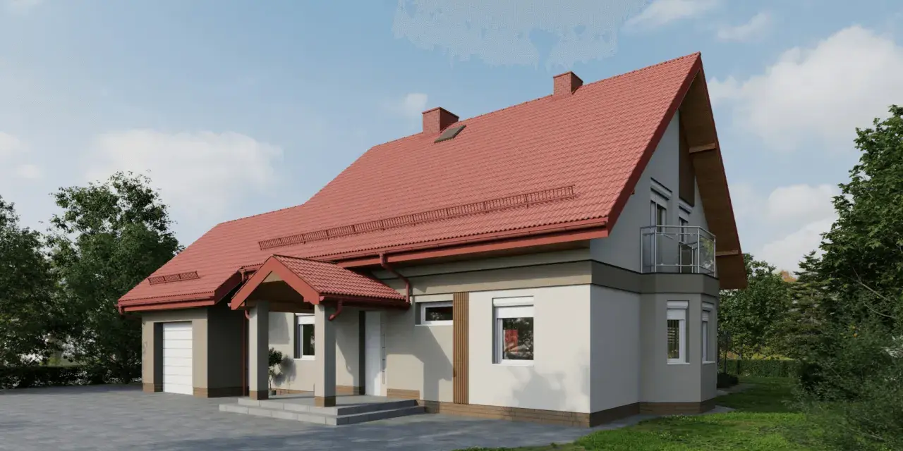 Wizualizacja domu z czerwonym dachem i jasną elewacją. Widać garaż, wejście zadaszone i balkon.