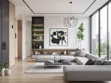 Nowoczesny projekt wnętrza domu: szara sofa, czarny stolik, regał z roślinami i abstrakcyjny obraz.