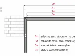 Schemat przedstawia wymiary ościeżnicy i otworu, kluczowe dla prawidłowego montażu drzwi wewnętrznych.