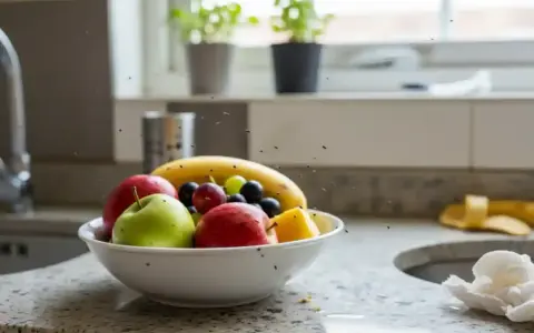 Meszki w domu krążą nad misą z owocami: jabłkami, bananem i winogronami.