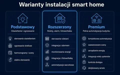 Porównanie wariantów instalacji smart home: Podstawowy (oświetlenie, ogrzewanie), Rozszerzony (rolety, alarm, fotowoltaika) i Premium (pełna automatyzacja).