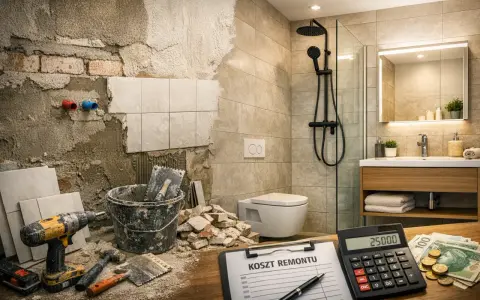 Kalkulacja kosztu remontu łazienki 5m2, uwzględniająca robociznę. Widoczny postęp prac i materiały.
