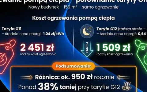 Porównanie kosztów ogrzewania pompą ciepła: 2451 zł (taryfa G11) vs 1509 zł (taryfa G12). Taryfa G12 jest o 38% tańsza.
