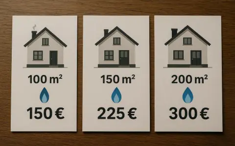 Porównanie kosztów ogrzewania gazowego dla domów o różnej powierzchni: 100 m² za 150 €, 150 m² za 225 €, 200 m² za 300 €.