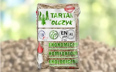 Worek pelletu drzewnego "Tartak Olczyk" z certyfikatami ENplus A1. Dowiedz się, ile kosztuje tona pelletu, by ogrzewać ekologicznie i ekonomicznie.