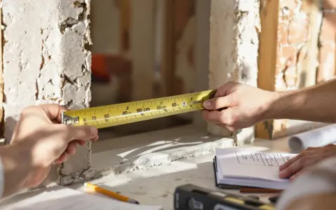 Mierzenie otworu na drzwi zewnętrzne. Na stole leżą plany i poziomica.