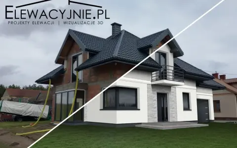 Projekt elewacji domu w budowie i wizualizacja jego wykończenia.