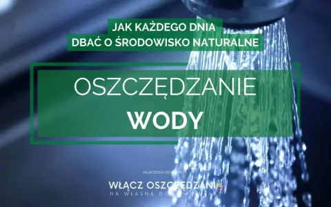 Jak oszczędzać wodę w domu? Obraz pokazuje strumień wody z prysznica, z napisem "Oszczędzanie Wody".