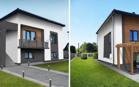 Nowoczesny dom z białymi i grafitowymi akcentami, drewnianą okładziną i pergolą. Świetny pomysł na elewację domu.