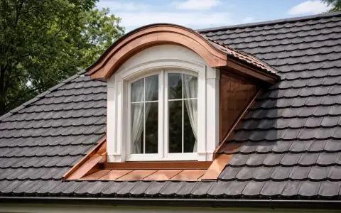 Elegancka lukarna z miedzianymi detalami na ciemnym dachu.