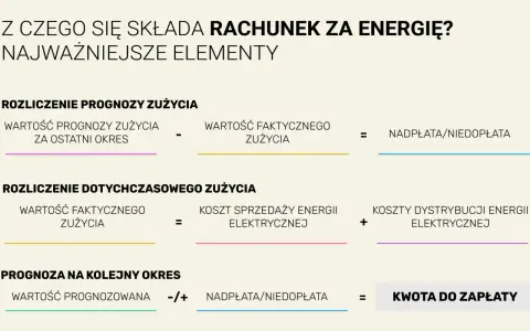 Schemat rozliczenia rachunku za prąd: prognoza, zużycie faktyczne, koszty sprzedaży i dystrybucji energii, nadpłata/niedopłata, kwota do zapłaty.