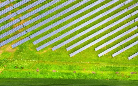 Rozległa farma fotowoltaiczna na zielonym polu, panele ułożone w rzędy pod kątem, łapiące słońce.