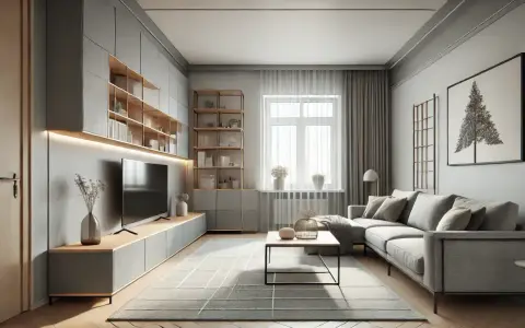 Nowoczesny salon z szarymi i drewnianymi meblami. Subtelne kolory ścian tworzą spokojną atmosferę.