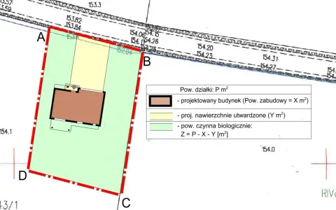 Plan działki z zaznaczonym projektowanym budynkiem, nawierzchniami i obszarem biologicznie czynnym. Dokumentacja do wniosku o warunki zabudowy.