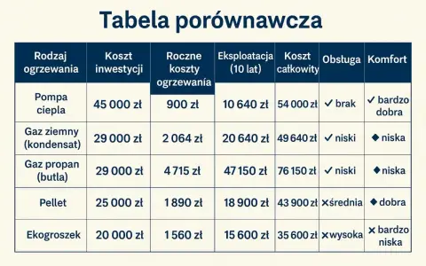 Tabela porównawcza: jakie ogrzewanie do domu? Pompa ciepła, gaz ziemny, propan, pellet, ekogroszek – koszty inwestycji, roczne, eksploatacji, całkowite, obsługa, komfort.