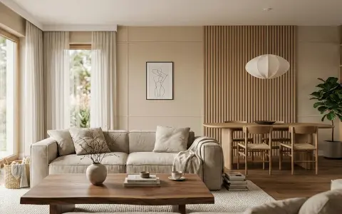 Salon w stylu japandi: jasna sofa, drewniany stolik kawowy, okrągły stół z krzesłami i panel ścienny z drewna.