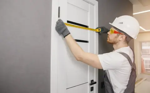 Monter mierzy nowe drzwi, które będą pasować do starych metalowych futryn.