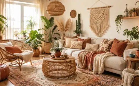 Przytulny salon w stylu boho: rattanowy fotel, sofa pełna poduszek, makrama na ścianie i mnóstwo roślin.