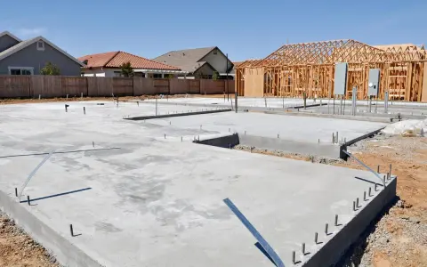 Fundamenty domu w budowie, betonowe płyty i zbrojenia. W tle szkielet drewniany domu, jakby chudziak czekał na dalsze prace.