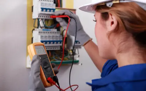 Kobieta w białym kasku i niebieskim kombinezonie wykonuje przegląd instalacji elektrycznej, używając multimetru.